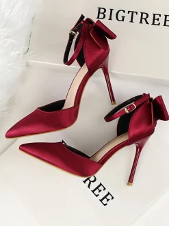 New Retro Stage Pointed Toe Bow Strap Satin High Heels Shoes