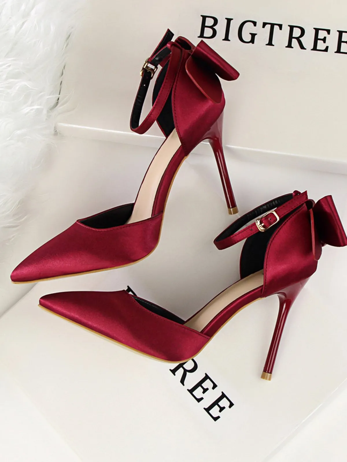 New Retro Stage Pointed Toe Bow Strap Satin High Heels Shoes