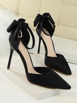 New Retro Stage Pointed Toe Bow Strap Satin High Heels Shoes