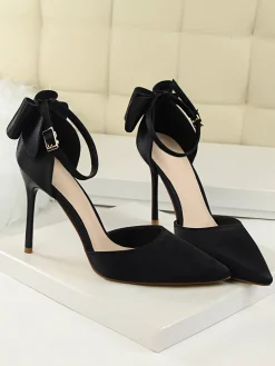 New Retro Stage Pointed Toe Bow Strap Satin High Heels Shoes