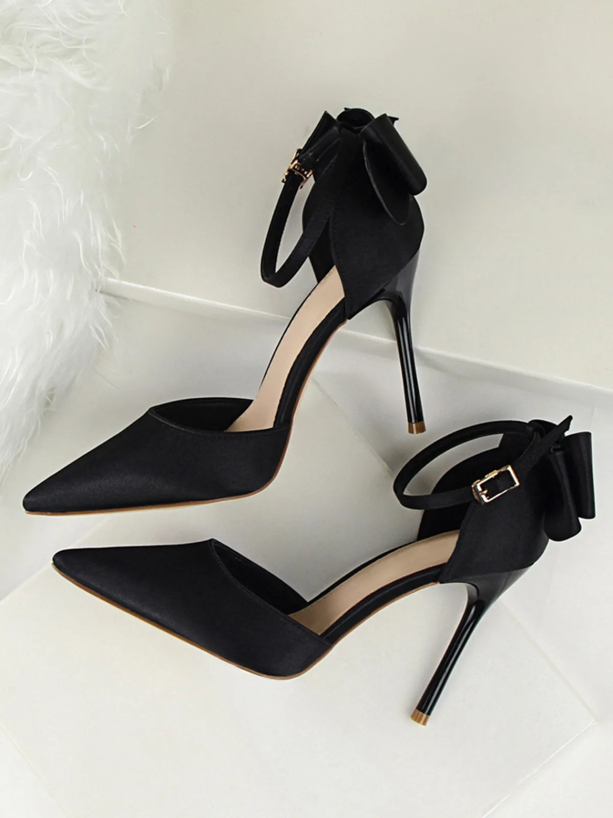 New Retro Stage Pointed Toe Bow Strap Satin High Heels Shoes