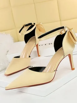 New Retro Stage Pointed Toe Bow Strap Satin High Heels Shoes
