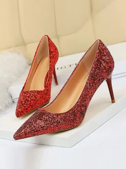 Outlet Retro Stage Pointed Toe Sequins Glitter High Heels Shoes
