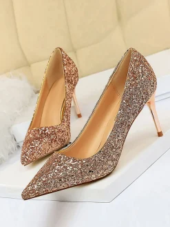 Outlet Retro Stage Pointed Toe Sequins Glitter High Heels Shoes
