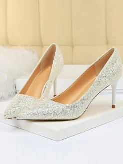 Outlet Retro Stage Pointed Toe Sequins Glitter High Heels Shoes