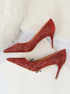 Outlet Retro Stage Pointed Toe Sequins Glitter High Heels Shoes
