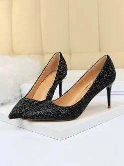 Outlet Retro Stage Pointed Toe Sequins Glitter High Heels Shoes