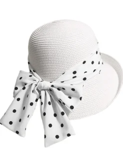 Sale Retro Stage Polka Dot Ribbon Bow Tie Straw Hat