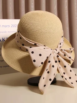Sale Retro Stage Polka Dot Ribbon Bow Tie Straw Hat