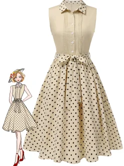 New Retro Stage [Pre-Sale] Beige 1940s Cotton Polka Dot Lapel Dress Cream Color