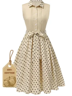 New Retro Stage [Pre-Sale] Beige 1940s Cotton Polka Dot Lapel Dress Cream Color