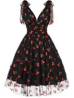 Clearance Retro Stage [Pre-Sale] Black 1950s Cherry Mesh Swing Dress