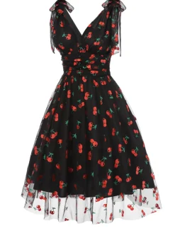 Clearance Retro Stage [Pre-Sale] Black 1950s Cherry Mesh Swing Dress