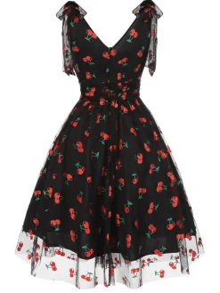Clearance Retro Stage [Pre-Sale] Black 1950s Cherry Mesh Swing Dress