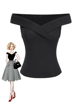 Online Retro Stage [Pre-Sale] 1950s Off-Shoulder Solid Top Black