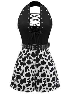 Sale Retro Stage [Pre-Sale] 1980s Punk Halter Hollow Cow Pattern Romper Black