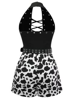 Sale Retro Stage [Pre-Sale] 1980s Punk Halter Hollow Cow Pattern Romper Black