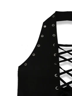 Sale Retro Stage [Pre-Sale] 1980s Punk Halter Hollow Cow Pattern Romper Black