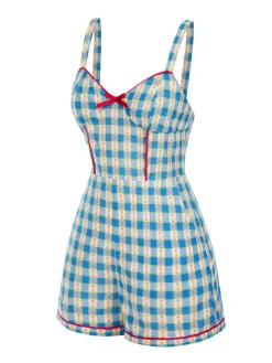 Discount Retro Stage [Pre-Sale] 1950s Bow Gingham Plaid Floral Romper Blue
