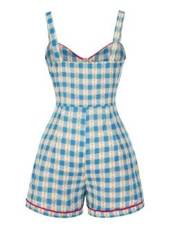 Discount Retro Stage [Pre-Sale] 1950s Bow Gingham Plaid Floral Romper Blue