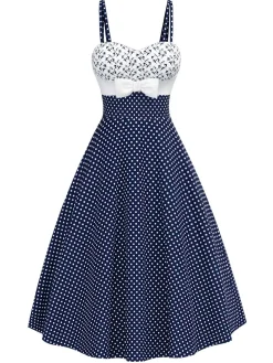 Online Retro Stage [Pre-Sale] Blue 1950s Embroidered Floral Polka Dot Dress Dark Blue