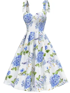 Sale Retro Stage [Pre-Sale] 1950s Floral Organza Lace-Up Dress Blue