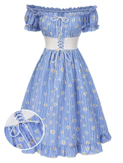 Outlet Retro Stage [Pre-Sale] 1950s Off-Shoulder Plaids Daisy Lace-Up Dress Blue