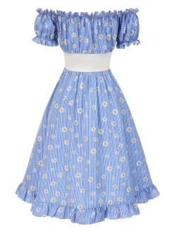 Outlet Retro Stage [Pre-Sale] 1950s Off-Shoulder Plaids Daisy Lace-Up Dress Blue