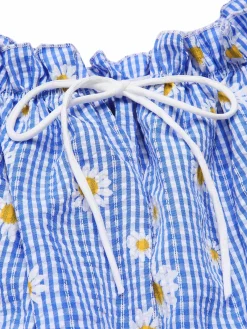 Outlet Retro Stage [Pre-Sale] 1950s Off-Shoulder Plaids Daisy Lace-Up Dress Blue
