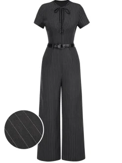 Hot Retro Stage [Pre-Sale] 1950s Striped Office Style Belted Jumpsuit Dark Gray