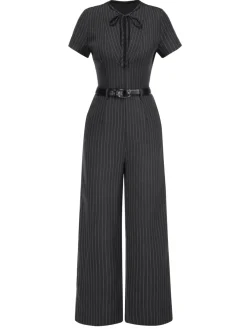 Hot Retro Stage [Pre-Sale] 1950s Striped Office Style Belted Jumpsuit Dark Gray