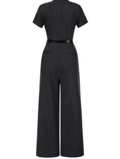 Hot Retro Stage [Pre-Sale] 1950s Striped Office Style Belted Jumpsuit Dark Gray