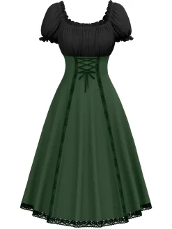 Hot Retro Stage [Pre-Sale] 1940s Colorblock Lace-Up Dress Green