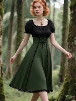 Hot Retro Stage [Pre-Sale] 1940s Colorblock Lace-Up Dress Green