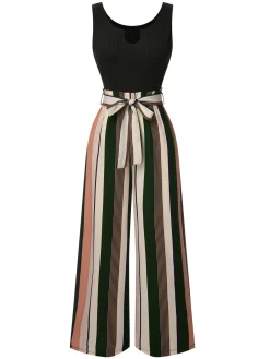Discount Retro Stage [Pre-Sale] Green 1950s Stripes Knitted Belted Jumpsuit