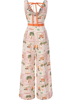 Best Retro Stage [Pre-Sale] 1950s Beach Stamps Twisted Jumpsuit Orange