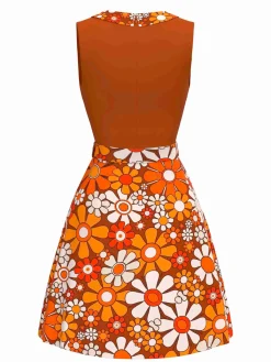 Discount Retro Stage [Pre-Sale] 1960s Boho Psychedelic Floral Belted Dress Orange