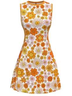 Hot Retro Stage [Pre-Sale] 1960s Round Neck Daisy Sleeveless Dress Orange