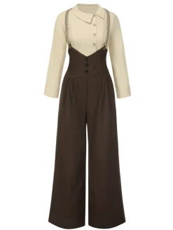 Fashion Retro Stage [Pre-Sale] 2PCS 1930s Cotton Solid Blouse & Suspender Pants Cream & Brown