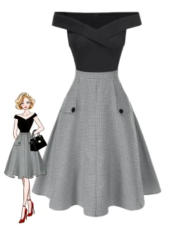 Discount Retro Stage [Pre-Sale] 2PCS 1950s Off-Shoulder Top & Pocket Plaids Skirt Black & Grey