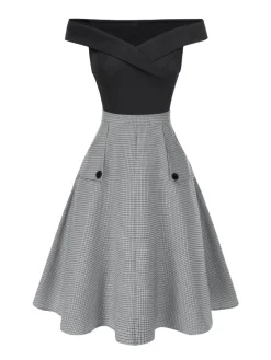 Discount Retro Stage [Pre-Sale] 2PCS 1950s Off-Shoulder Top & Pocket Plaids Skirt Black & Grey