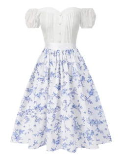 Best Retro Stage [Pre-Sale] 2PCS 1950s Off-Shoulder Puff Top & Floral Skirt White