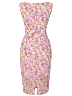 Discount Retro Stage [Pre-Sale] 1960s Boat Neck Floral Bodycon Dress Pink