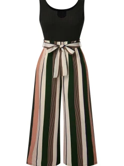 Clearance Retro Stage [Pre-Sale] [Plus Size] 1950s Stripes Knitted Belted Jumpsuit Black
