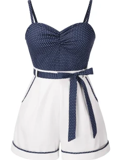 Outlet Retro Stage [Pre-Sale] [Plus Size] 1940s Polka Dot Patchwork Suspender Romper Blue
