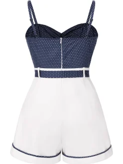 Outlet Retro Stage [Pre-Sale] [Plus Size] 1940s Polka Dot Patchwork Suspender Romper Blue