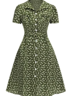 Fashion Retro Stage [Pre-Sale] [Plus Size] 1940s Lapel Buttons Ditsy Floral Dress Green