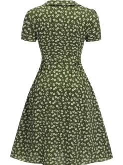 Fashion Retro Stage [Pre-Sale] [Plus Size] 1940s Lapel Buttons Ditsy Floral Dress Green