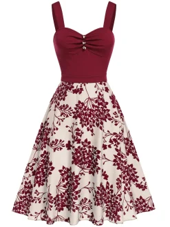 New Retro Stage [Pre-Sale] Red 1950s Floral Button Sweetheart Neck Dress
