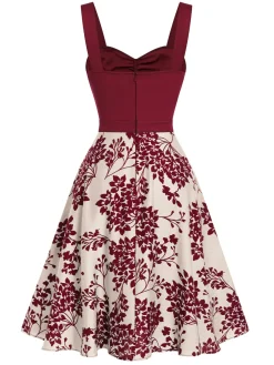 New Retro Stage [Pre-Sale] Red 1950s Floral Button Sweetheart Neck Dress